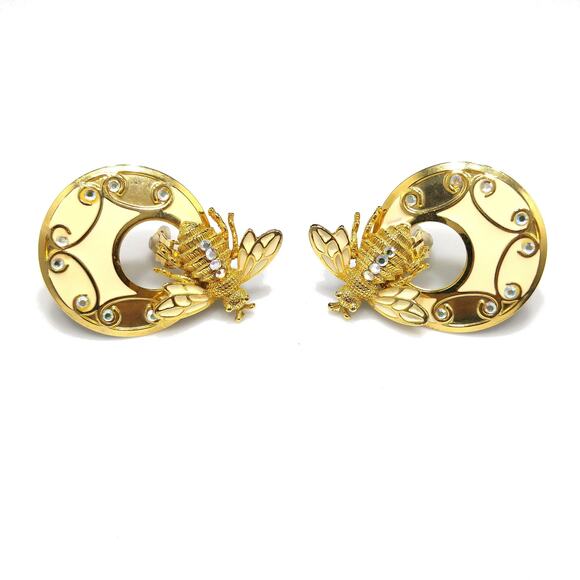 Vintage Large Bee Insect Clip Earrings, Cream Enamel - Picture 1 of 10